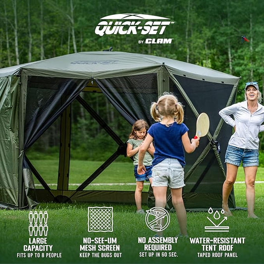 CLAM Quick-Set Escape 11.5 x 11.5 Ft Portable Pop-Up Outdoor Camping Screen Tent 6-Sided Canopy Shelter w/Carry Bag & 6 Sun and Wind Panels, Green