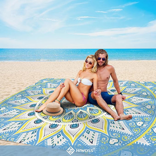 Beach Blanket Waterproof Sandproof Oversized 95”x 80”,Sand Free Beach Mat with Corner Pockets,Portable Mesh Bag for Beach Festival,Picnic,Travel and Outdoor Camping (Oceansunyellow)