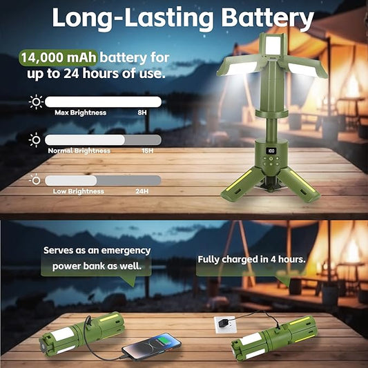 Rechargeable Camping Light 14000mAh, Telescoping Light Camping Lantern 6000LM, Waterproof Magnetic Camping Essentials, Dimmable, Foldable, Multi-Mode for Outdoor, Emergency, Hiking, Car Repair