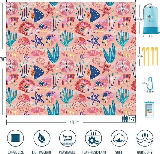 Beach Blanket Sandproof Waterproof 78''×110'' 1-7Adults Oversized,Compact Lightweight Durable Beach Mat for Travel Camping Hiking Picnic Blanket