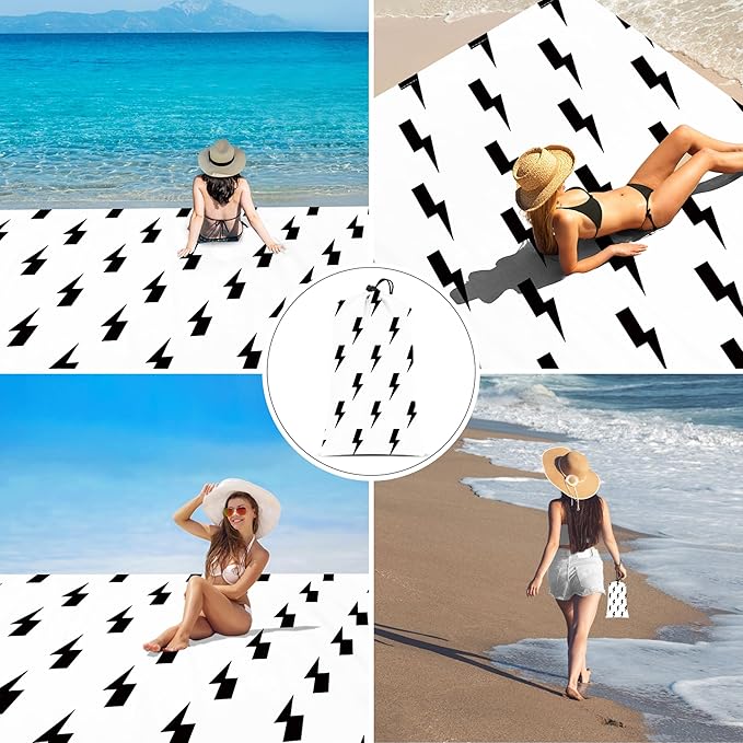 Outdoor Beach Blanket Waterproof Sandproof, 78''×86'' Large Sand Free Beach Mat, Lightweight Portable Picnic Blanket Foldable with 4 Stakes & Pockets for Camping, Hiking Essentials - Black Lightning