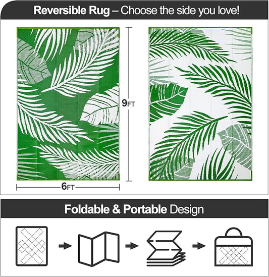 Waterproof Outdoor Rug 6x9ft, Green Leaf Reversible Plastic Straw Mat for Patio RV Deck Porch Backyard Balcony Camping Picnic Beach Indoor Outdoor Carpet, Green&White