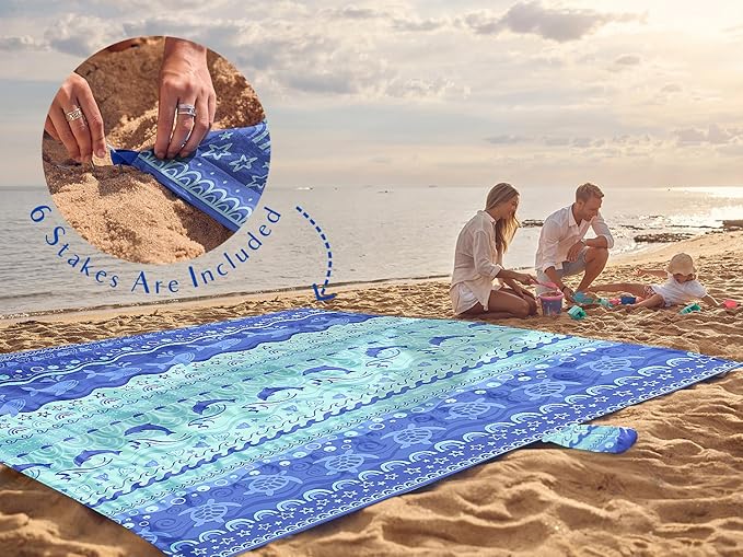 WEKAPO Beach Blanket Waterproof Sandproof Oversized Extra Large Sand Free Beach Mat with Stakes, Storage Bag - Essentials for Outdoor Beach, Picnic (Bohemian Sealife, 8 X 7 FT (1~4 Person))