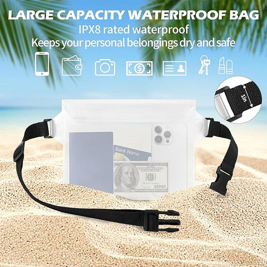 2-Pack Waterproof Pouch with Adjustable Waist Strap, Waterproof Dry Bag, Keeps Cell Phones and Valuables Safe and Dry, Perfect for Kayaking, Beach, Camping and Swimming (Black)