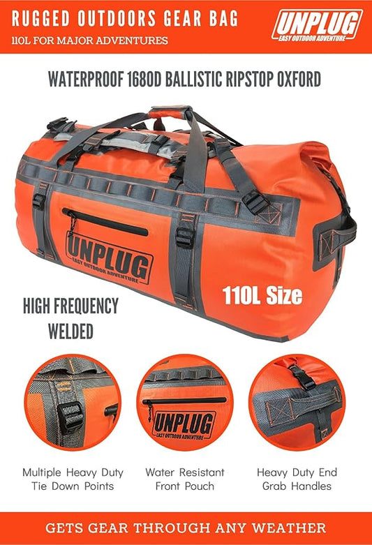 UNPLUG Ultimate Adventure Bag | 1680D Heavy Duty Waterproof Bag | Large Travel Duffle Bag which can be Used for Camping, Motorcycling, Boating, or Hunting