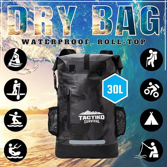 TACTIKO 30L Heavy-Duty 100% Waterproof Backpack, Roll Top Dry Bags for Kayaking, Hiking, Camping, Survival