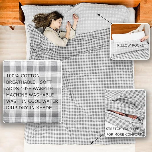 100% Cotton Sleeping Bag Liner with Full Length Zipper on 3 Sides; Single/Double Adult Sleep Sack for Travel & Camping, Multifunctional Travel Sheets (Unzipped 87”x87”) for Hotel, Lightweight