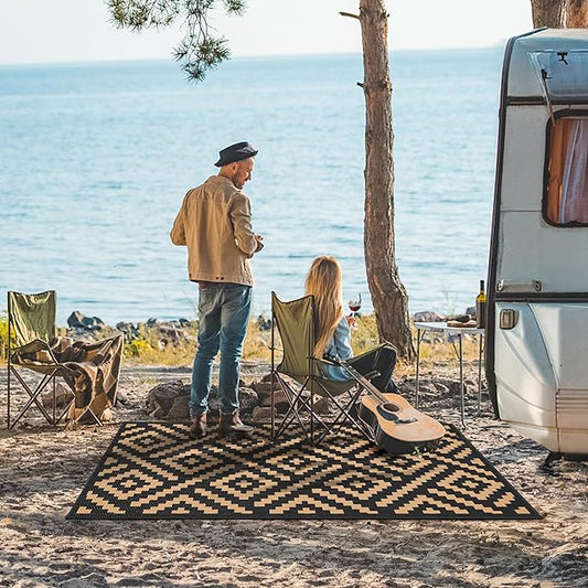 GENIMO Outdoor Rug 3'x5' Waterproof, Reversible Camping Mat, Plastic Straw Rugs for Patio, RV, Camper, Balcony, Backyard, Picnic, Deck (Black & Brown)