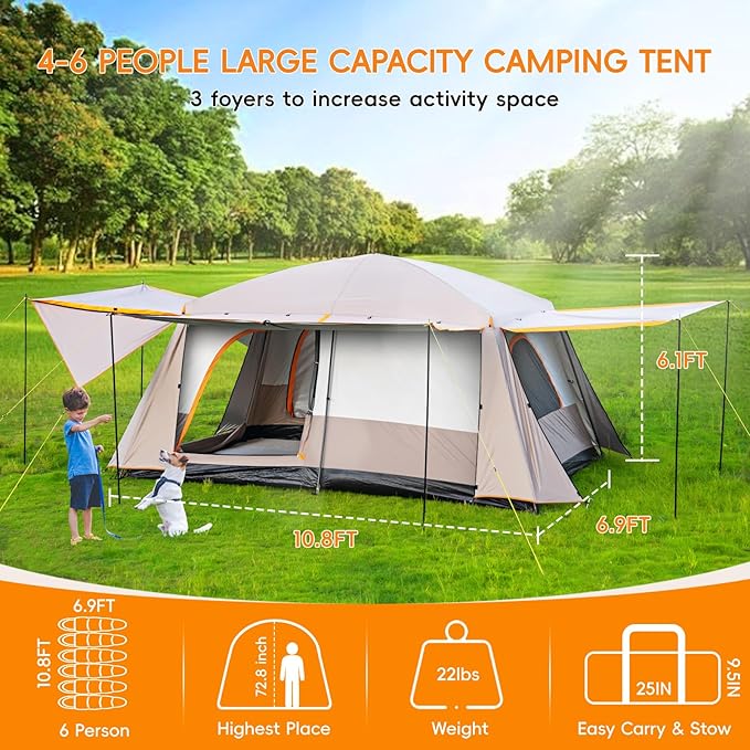 Camping Tent 4-6 Person, Double Layer, Multi-Room Family Cabin Tents with 3 Doors, Mesh Windows, Rainfly & Windproof, Large Waterpoof Tents for Outdoor Camping Hiking Picnic Gathering