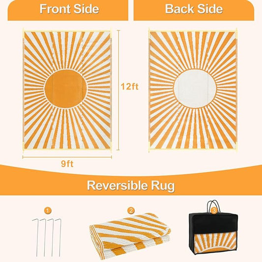 Wonnitar 9x12 Waterproof Outdoor Rug - Outdoor Plastic Straw Rug for Patio Clearance, Outside Extra Large RV Camping Carpet, Portable Deck Mat for Garden Balcony Beach (Orange, 9'x12')