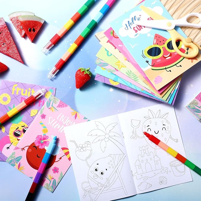 Pasimy 48 Pcs Summer Fruit Party Favors Coloring Books with Stackable Crayons Coloring Pages Drawing Booklet Party Supplies for DIY Art Painting Games Goodie Bag Fillers