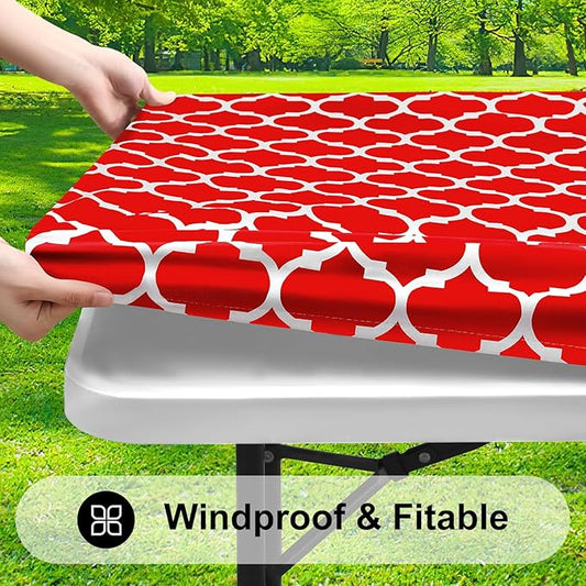 Smiry Rectangle Picnic Table Cover, Waterproof Elastic Fitted Camping Tablecloths for 6 Foot Tables, Wipeable Flannel Backed Vinyl Tablecloth Protector for Indoor, Outdoor (Red, 30x72 Inches)