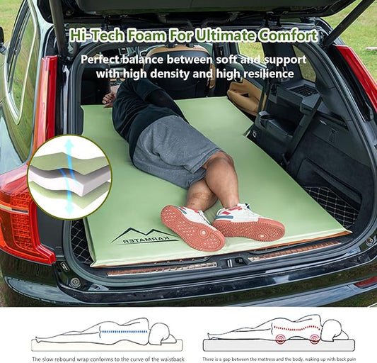 M KARMATER Self Inflating Car Sleeping Pad for Camping, Thick Memory Foam Car Camping Mattress with Pillow, 9.0 R-Value SUV Mattress Camping Bed Suitable for Car Travel, Hiking, Backpacking