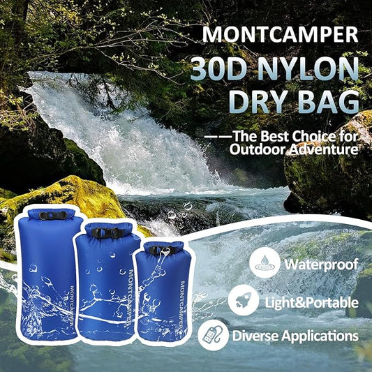 3-pack 30D Nylon Waterproof Dry Bag-Portable Waterproof Storage Sack for Kayaking, Hiking and Rafting-Roll Top Closure-Float on Water(5L/10L/20L,Blue)
