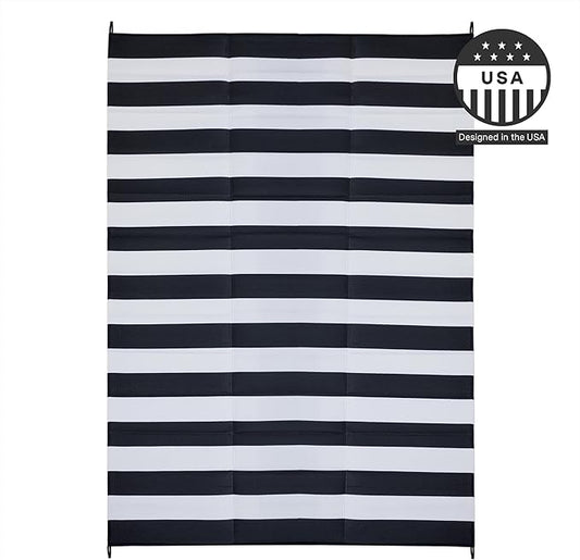 FH Home Outdoor Camping Rug - Waterproof, Fade Resistant, Reversible - Premium Recycled Plastic - Striped - Patio, Deck, Sunroom, RV - Brittany Stripe - Black & White - 5 x 8 ft Foldable