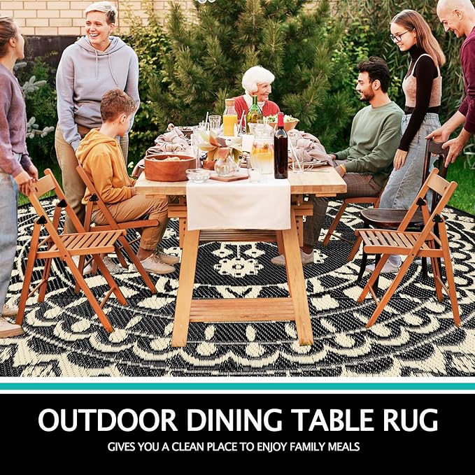 Capslpad 10Ft Round Outdoor Rug for Patio Reversible Mat Waterproof Plastic Straw Rug Boho Circle Indoor Outside Area Rug for RV Camping Picnic Pool Tent Balcony Beach Deck Doormats Decor, Beige