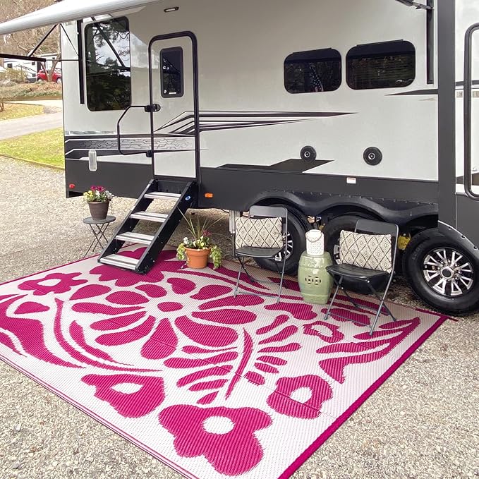 Wonnitar Outdoor Rug 6x9, Waterproof RV Outdoor Rugs for Camping, Reversible Plastic Straw Outside Camping Rug Large Portable Abstract Floral Picnic Mat for Camper Garden Beach Camp (Pink, 6'x9')