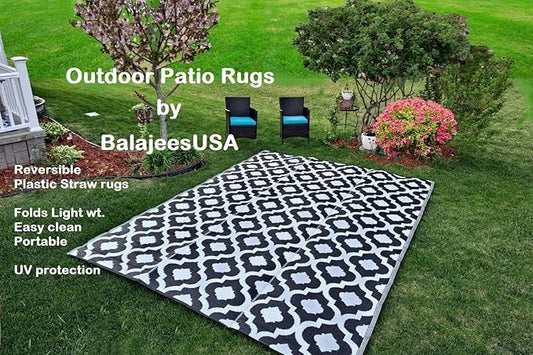 BalajeesUSA rv mats Outdoor Rug – 9x12, Black Reversible Recycled Plastic Straw Outdoor Patio Rugs Clearance Waterproof Large RV Camper Mats 514