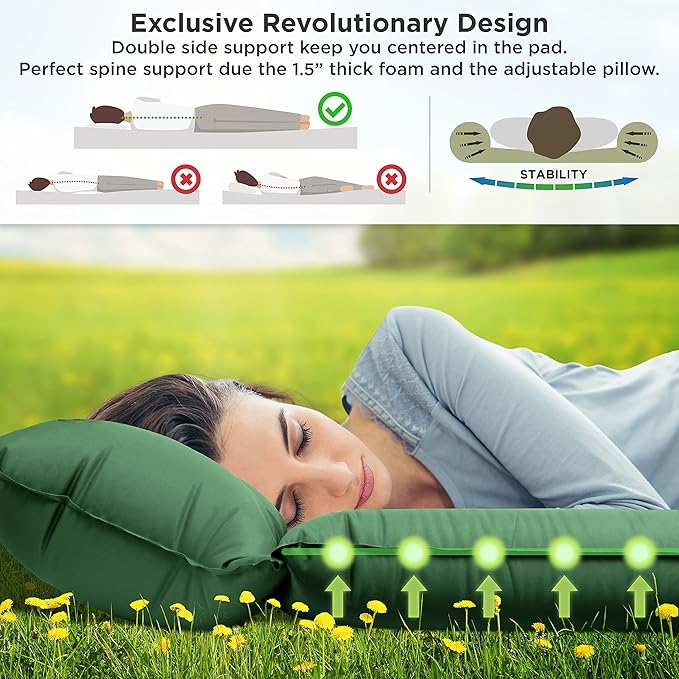 IFORREST Camping Pad with Armrest & Pillow - Self-Inflating Air Mattress - Rollover Protection - Ultra-Comfortable Mat - Lightweight for Tent, Cot, Backpacking(L/XL)