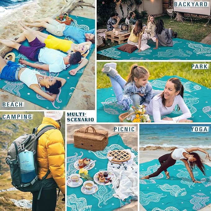 Beach Blanket Sandproof Waterproof 78''ร81''1-5 Adults Oversized,Compact Lightweight Durable Beach Mat for Travel Camping Hiking Picnic Blanket