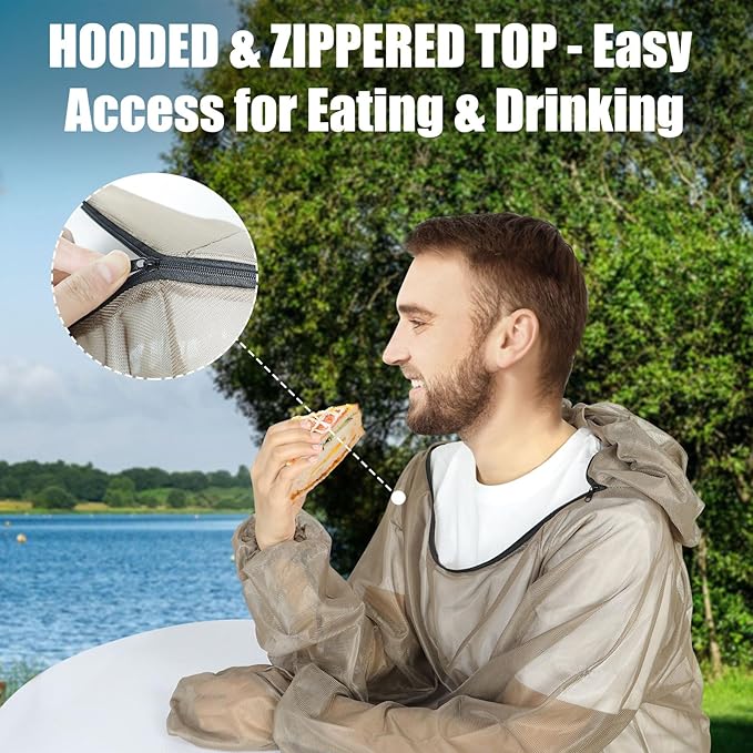 4-Piece Net Suit XXL, Full Body Jacket with Zippered Hood, Pants, Gloves & Foot Covers, Thickened Breathable Mesh, Adjustable Fit for Men & Women, Lightweight for Outdoor, Camping, Fishing & Gardening