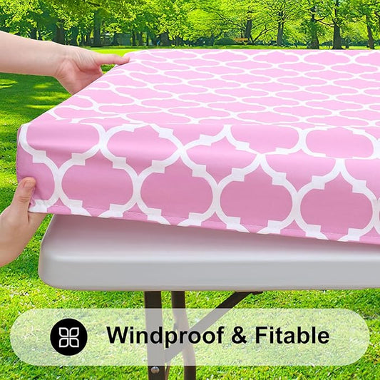 Smiry Rectangle Picnic Table Cover, Waterproof Elastic Fitted Camping Tablecloths for 4 Foot Tables, Wipeable Flannel Backed Vinyl Tablecloth Protector for Indoor, Outdoor (Pink, 30x48 Inches)