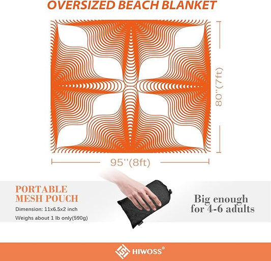 Beach Blanket Waterproof Sandproof Oversized 95”x 80”,Sand Free Beach Mat with Corner Pockets,Portable Mesh Bag for Beach Festival,Picnic,Travel and Outdoor Camping (Burningorange)