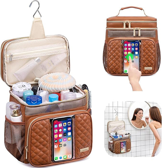 Large Leather Toiletry Bag for Women Men,Bathroom Bag,Water Resistant Portable Shower Caddy for College Dorm,Hanging Toiletry Bags for Traveling,Gym Camping Cruise Ship Travel Essentials Shower Bag