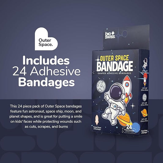 BioSwiss Bandages, Outer Space Shaped Self Adhesive Bandage, Latex Free Sterile Wound Care, Fun First Aid Kit Supplies for Kids and Adults, 24 Count