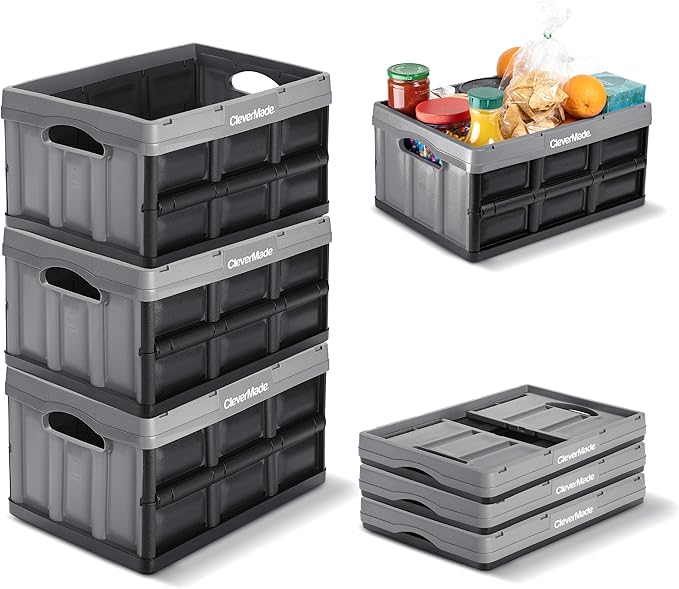 CleverMade Collapsible Storage Bins - Stone 3 Pack 32L - Stackable Containers Heavy Duty Capacity Folding Crates - Space-Saving for Home