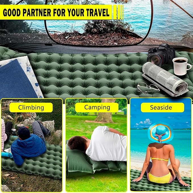 Green Self Inflating Sleeping Pad for Camping, Outdoor Camping Mattress Pad Inflatable Sleeping Mat, Single Air Mattress with Pillow, Inflatable Sleeping Mat Camping Pad for Hiking Car Tent