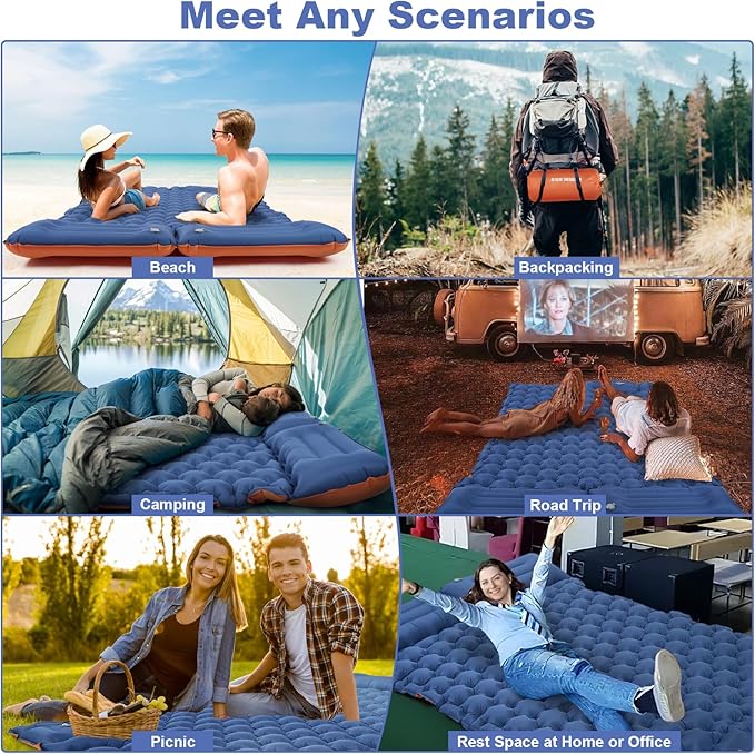 CAMULAND Camping Mattress 2 Person, Double Sleeping Pad for Camping Mat Inflatable Air Bed with Pillow Built-in Foot Pump Backpacking Hiking Traveling Gear Compact Self Inflating