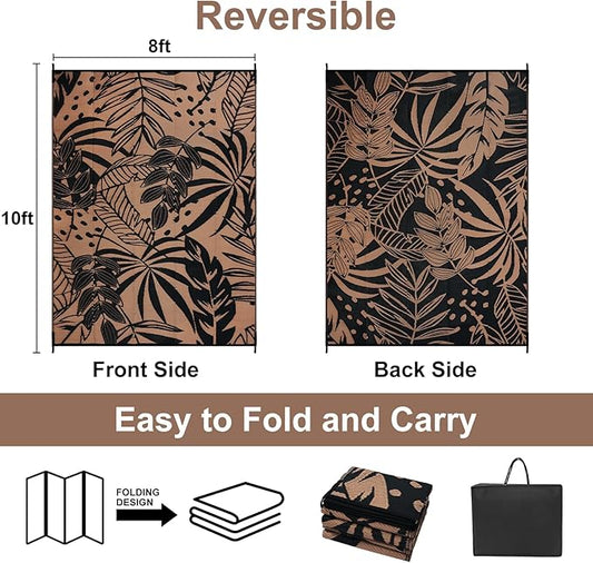Anidaroel 8x10 Leaf Outdoor Rug for Patios Clearance, Waterproof Camping Rug for Outside RV, Reversible Plastic Straw Outside Area Rugs for Garden, Camper, Picnic, Beach(Black/Brown,8'x10')