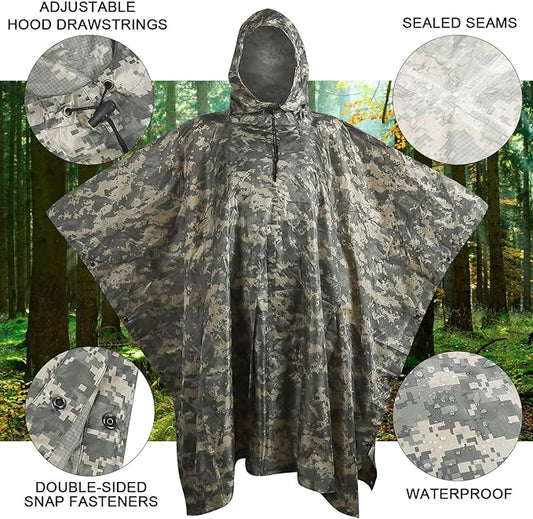 Camo Rain Poncho, Multi Use Waterproof Rain Coat
