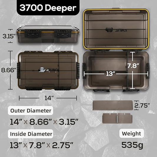 RUNCL Fishing Tackle Box, Waterproof Tray for Jigs Lures, Thicker Floating Tackle Utility Box with Adjustable Dividers, 3600/3700/Large 3700 Size