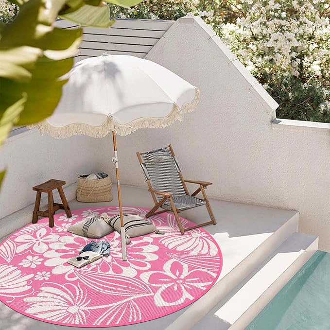 Ileading Round Outdoor Plastic Straw Rug 6ft Funny Floral Style Reversible Patio Area Rugs Waterproof Non Shedding Portable Carpets for Rv Outside Deck Pool Beach Picnic Camping (Pink)