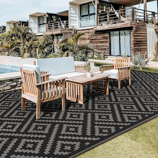 GENIMO Outdoor Rug for Patio Clearance, 8'x16' Waterproof Camping Mat, Reversible Plastic Straw Rugs for RV, Camper, Balcony, Backyard, Picnic, Deck, Black & Gray