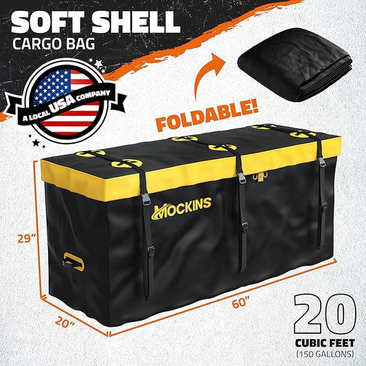 Mockins 20 CuFt Waterproof Cargo Bag for Hitch Carrier | 60x20x29 Weatherproof Trailer Hitch Cargo Carrier Bag for Truck Bed Storage |500D PVC Vehicle Soft-Shell Carriers Car Bag w/Waterproof Zipper