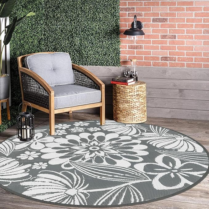 Ileading Round Outdoor Plastic Straw Rug 6ft Funny Floral Style Reversible Patio Area Rugs Waterproof Non Shedding Portable Carpets for Rv Outside Deck Pool Beach Picnic Camping (Grey)