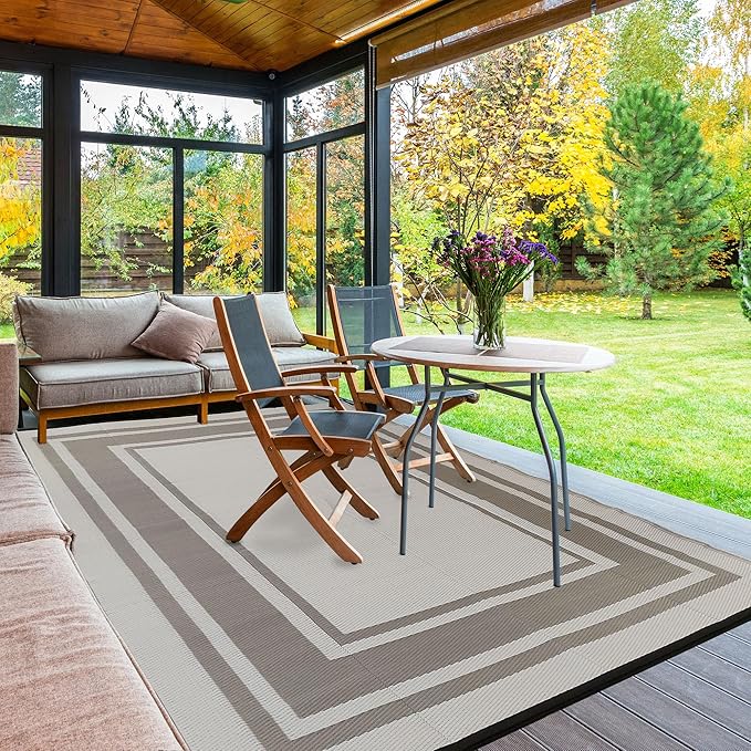 RURALITY Outdoor Rugs 6x9 Waterproof for Patios Clearance,Plastic Straw Mats for Backyard,Porch,Deck,Balcony,Reversible,Geometric