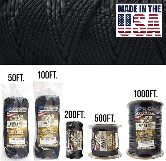 TOUGH-GRID Premium Black Paracord 550 lbs Made in USA Outdoor Survival Nylon Rope Tactical Heavy Duty Strands Parachute Cord Used by US Military Type III Mil-Spec