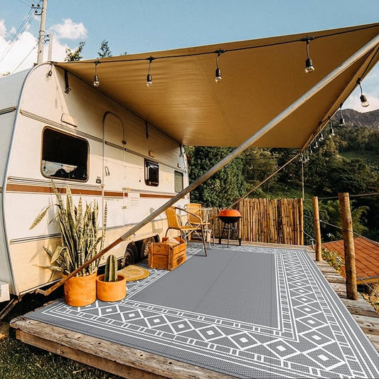 GENIMO Outdoor Rug Waterproof Area 10'x14' for Patio, Foldable Reversible Plastic Straw Carpet for Travel Trailers, Outside Mat for Rv, Deck, Picnic, Porch, Camper, Balcony, Beach, Grey & White