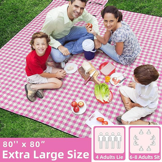 ZAZE Picnic Blanket Waterproof Sandproof, 80''x80'' 3-Layer Cute Compact Extra Large Machine Washable Foldable Beach Mat, Big XL Outdoor Blankets for Spring Summer Camping, Park, Grass(Pink and White)