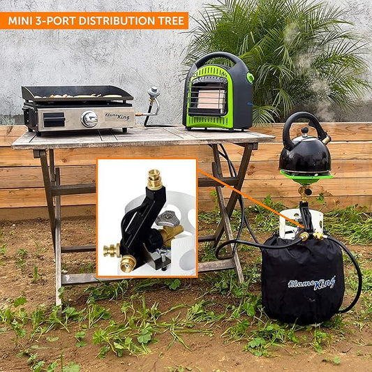 Flame King FK-DTMINI Mini 3-Port Distribution Tree for Camping, Connects 1-lb Appliances to a Standard Propane Tank, Perfect for Lanterns, Stoves, Heaters, and Grills, Black & Gold