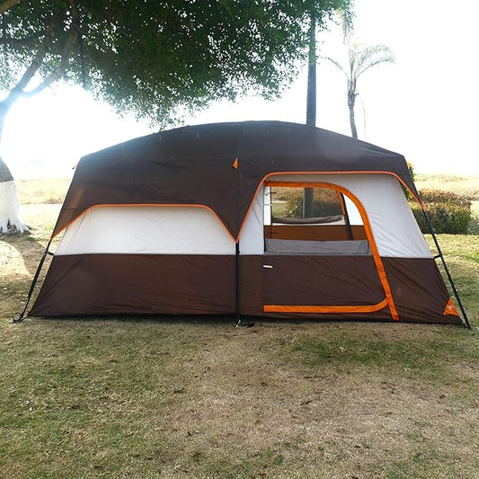 KTT Large Family Cabin Tent 10-12 Person,14.1X10X6.58ft,2 Rooms,3 Storage Pockets,2 Bay-Windows 3 Doors and 3 Windows with Mesh,Straight Wall,Waterproof,Double Layer,Big Tent for Outdoor,Camping