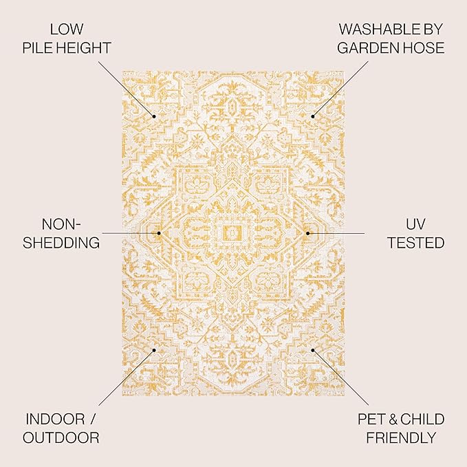 JONATHAN Y SMB105H-5 Estrella Bohemian Medallion Textured Weave Indoor Outdoor Area-Rug, Coastal Traditional Easy-Cleaning,Bedroom,Kitchen,Backyard,Patio,Non Shedding, 5 X 8, Cream/Yellow