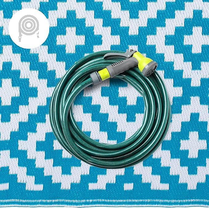 FH Home Outdoor Rug - Waterproof, Fade Resistant, Reversible - Premium Recycled Plastic - Geometric - Porch, Deck, Balcony, Mudroom, Laundry Room, Patio - Aztec - Teal & White Crease Free - 3 x 5 ft