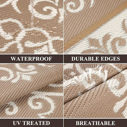 Pauwer Waterproof Outdoor Rug 6x9, Reversible Plastic Straw Patio Camping Rug, Indoor Outdoor RV Mat Carpet for Deck, Camper, Porch, Balcony, Backyard, Picnic, Floral Brown
