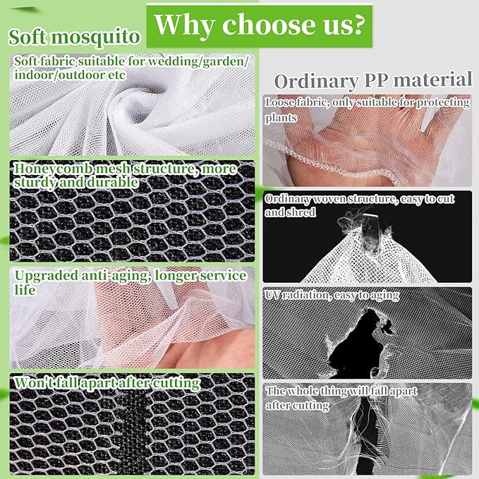 20x10Ft Mosquito Netting Garden Mesh Netting, Bug Insect Mosquito Fly Bird Net, Animals Barrier Protection Net, White 3x6 m