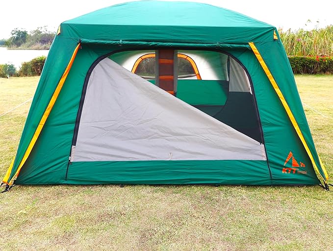 KTT Extra Large Tent 12 Person,2 Bay-Windows,Family Cabin Tents,14'Lx10'Wx6.58'H,2 Rooms and 3 Doors 3 Windows with Mesh,Waterproof,Straight Wall,Big Tent for Outdoor,Picnic,Camping,Gathering